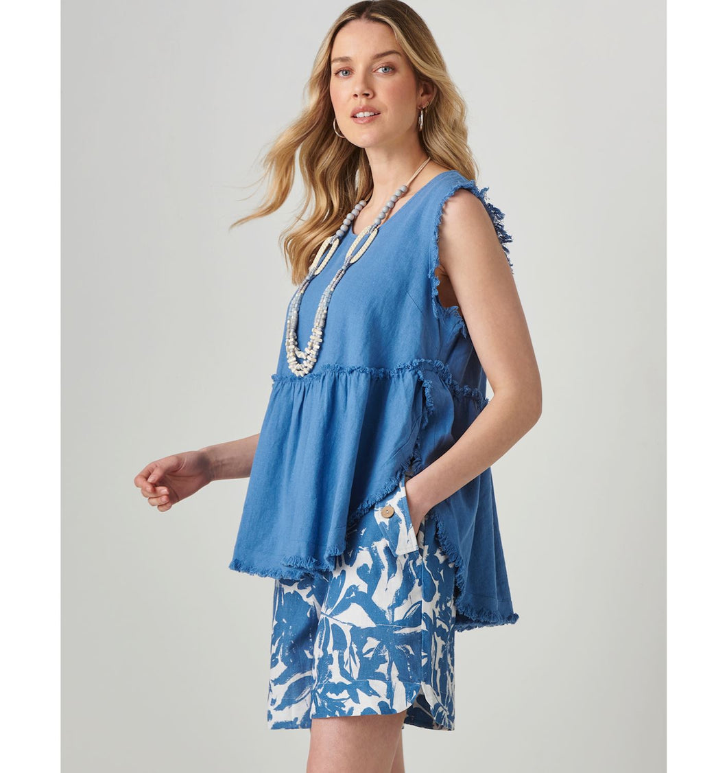 Maya Sleeveless Linen Swing Top - Blue