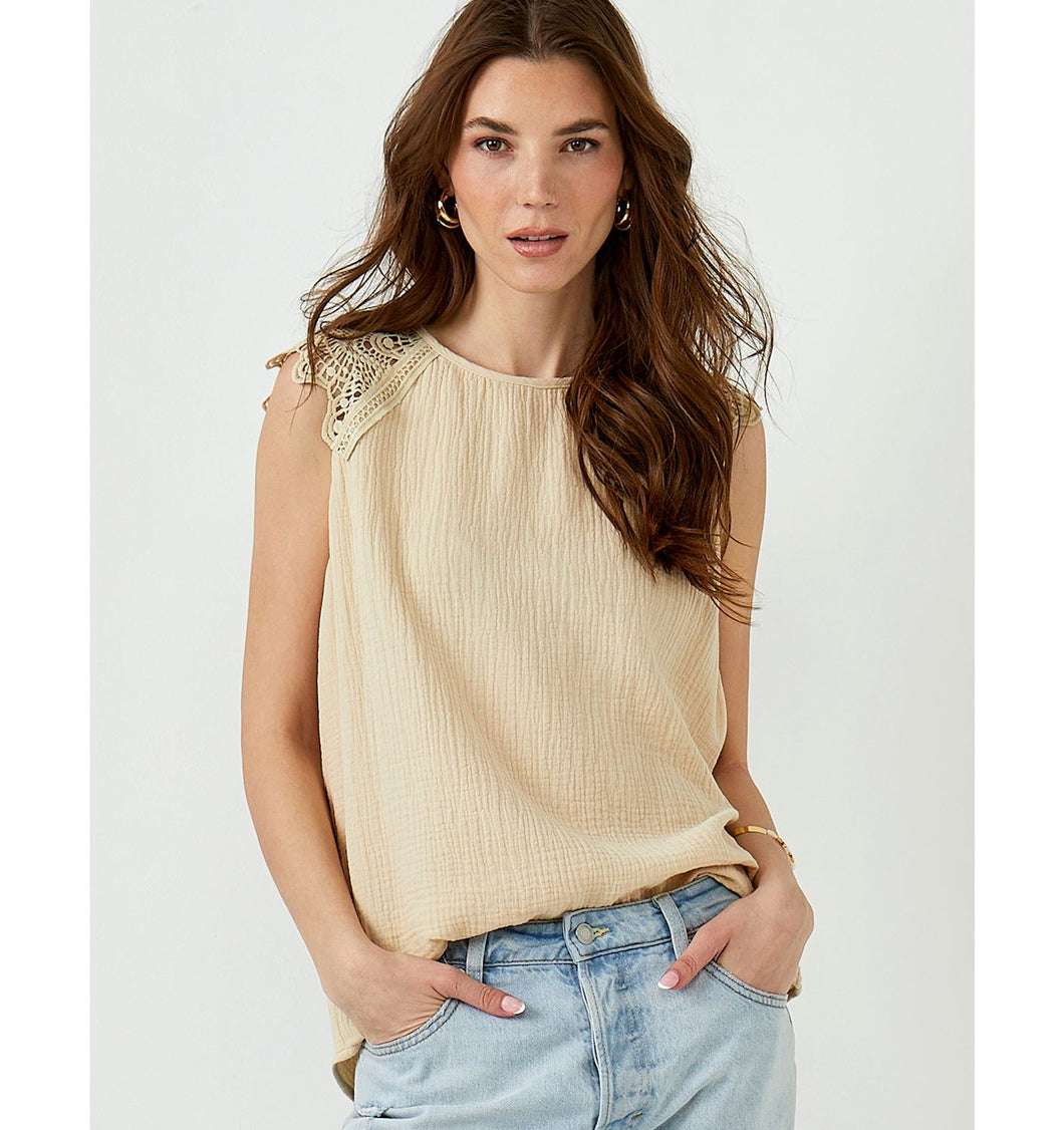 Emily Lace Shoulder Gauze Top - Beige