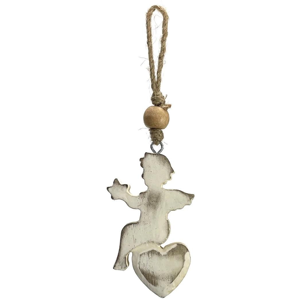 Mango Wood Ornament - Cherub Angel Heart 4