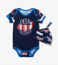 Load image into Gallery viewer, Baby Onesie With Hat - Nautical Blue Deep Sleeper
